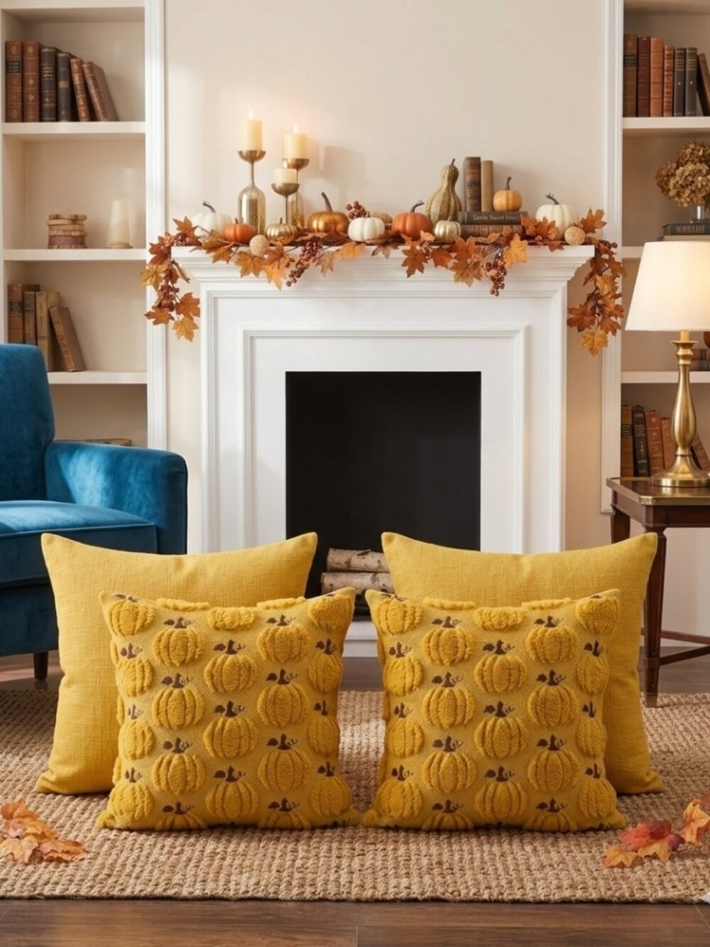 BUNDLE: 4 PCS Fall Pumpkin Throw Pillow Covers Mustard Yellow 18x18 AND 20X20